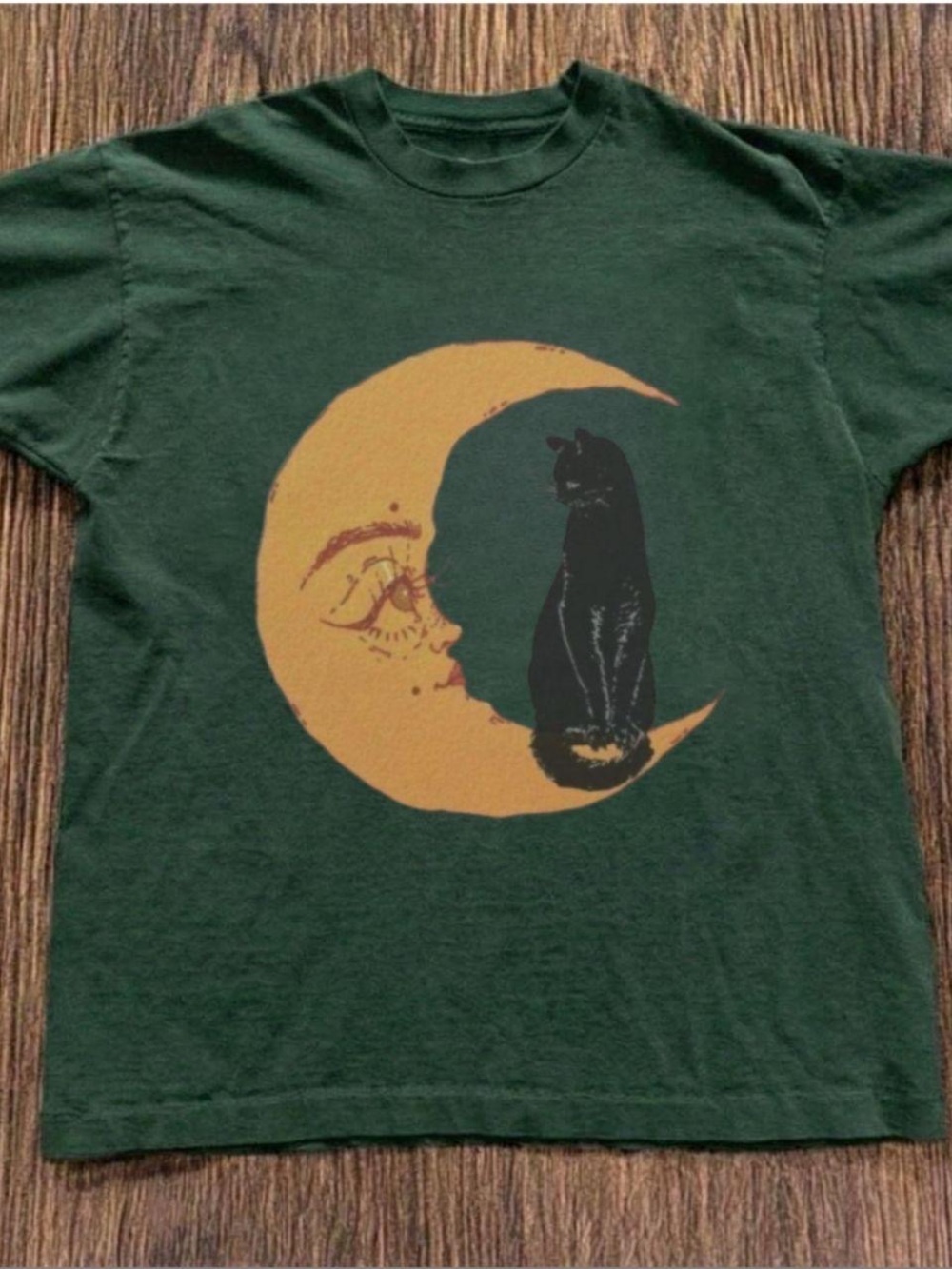 Gildan Dark Green Tee with Mustard Moon and Black Cat Graphic
